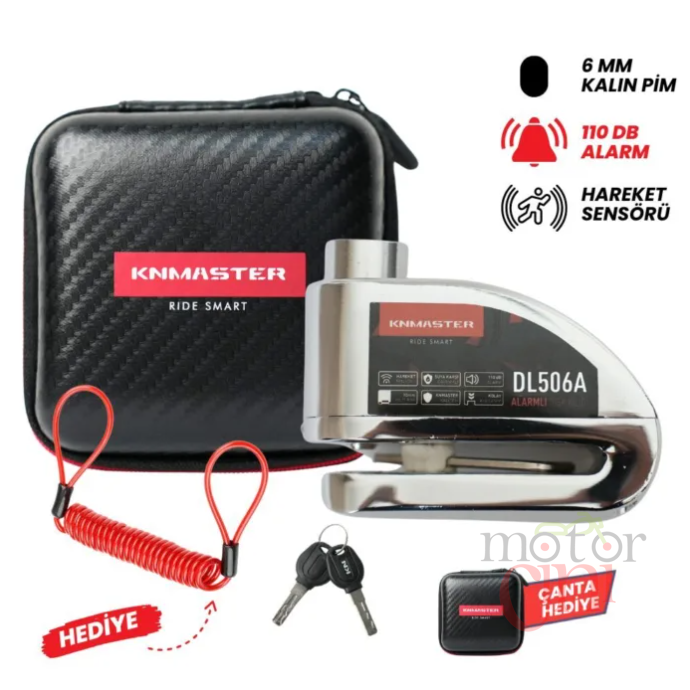 KNMASTER DL506A 6mm Alarmlı Disk Kilidi | Hatırlatma Kablosu ve Taşıma Çantası Hediye